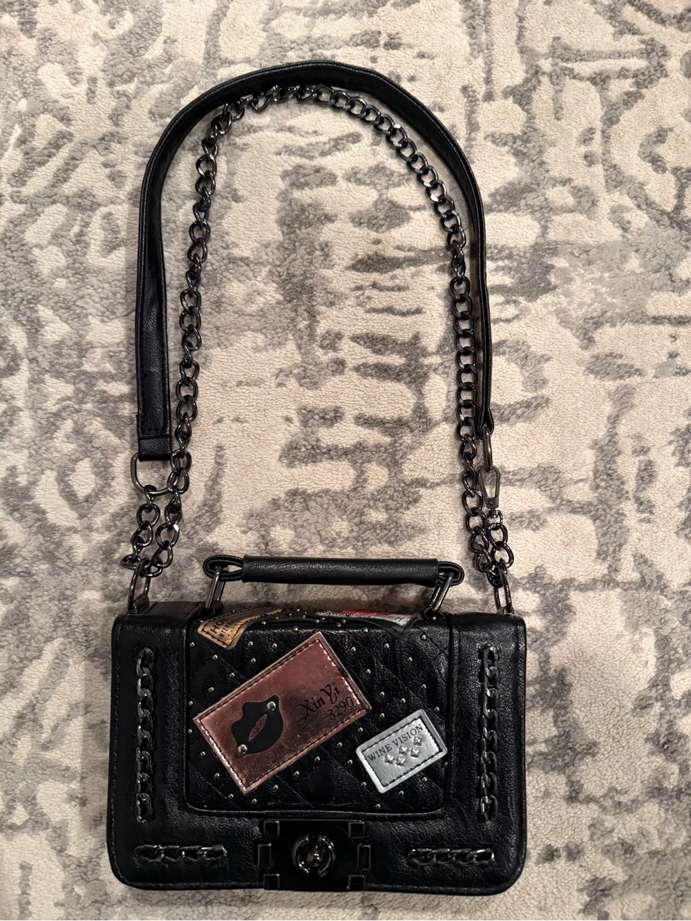 Quilted Black Chain Strap Shoulder Bag with Patch Details